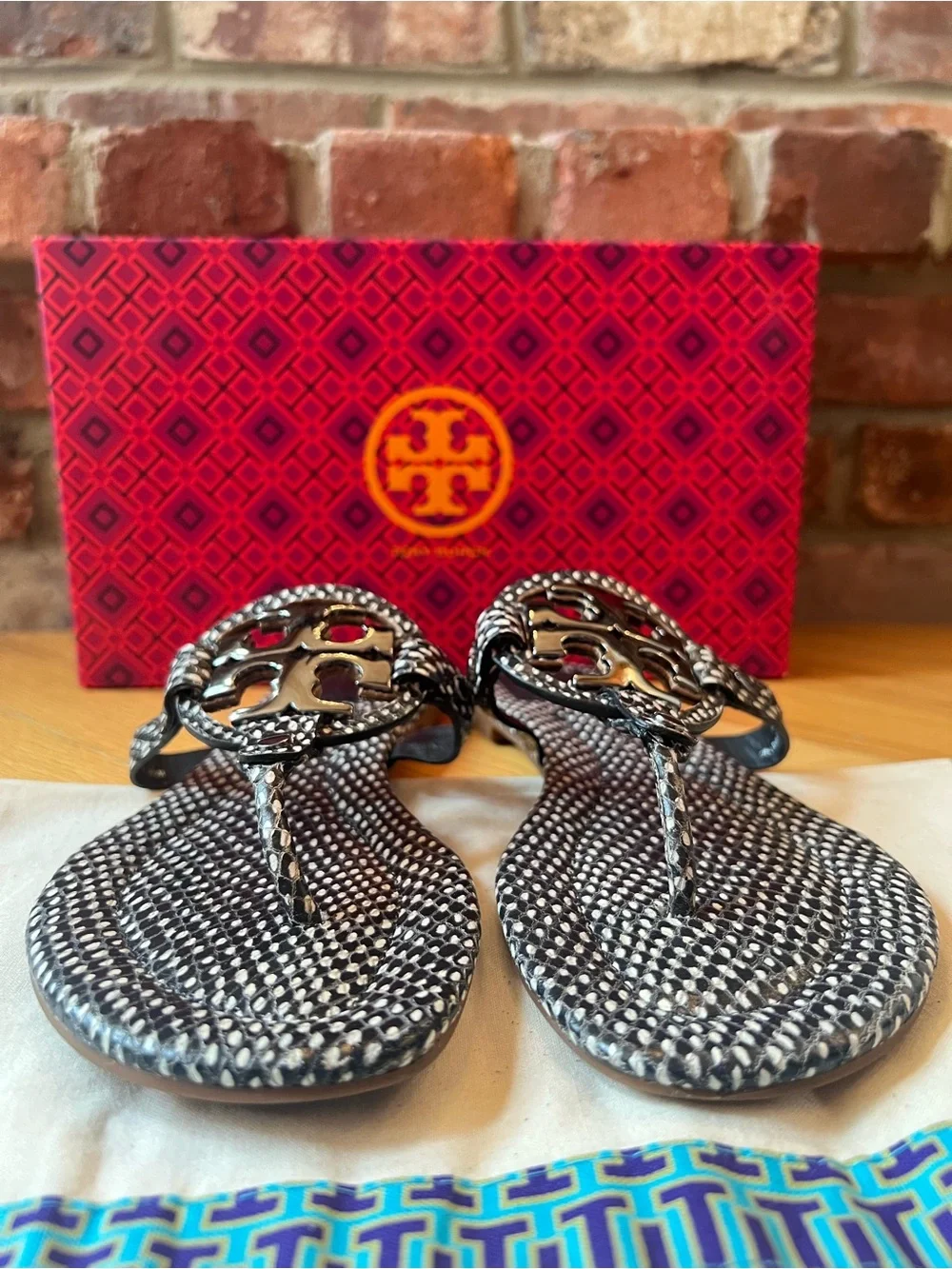 Tory Burch Black Polka Dot Snake Print Embossed Leather Metal Miller 2 Sandals
